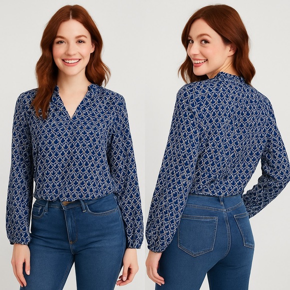 SHEIN Tops - ✨ SHEIN Navy & White Geometric Print Blouse – Size Small ✨